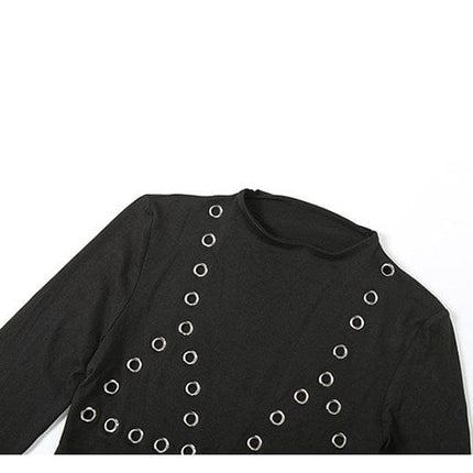 TALKLESSFASHION VOstudio cool hot girl design sense corn hole long sleeve bodysuit women's ring hollow slim slim top