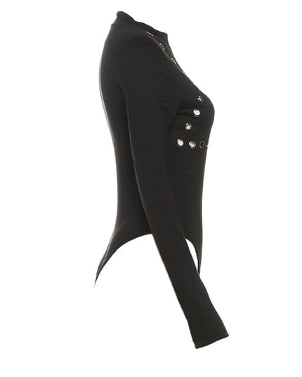 TALKLESSFASHION VOstudio cool hot girl design sense corn hole long sleeve bodysuit women's ring hollow slim slim top
