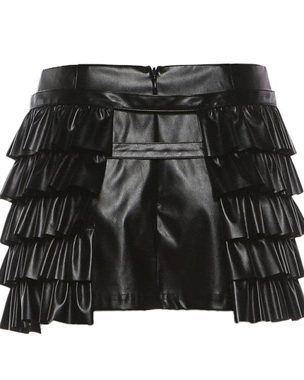 TALKLESSFASHION VOstudio cool personality PU leather lace-up multi-layer ruffle design skirt 2026 new hip-hugging skirt