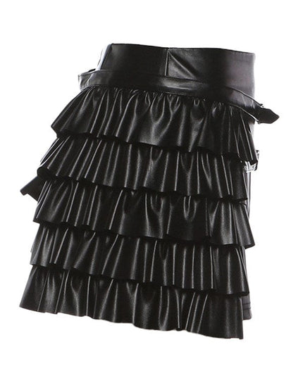 TALKLESSFASHION VOstudio cool personality PU leather lace-up multi-layer ruffle design skirt 2026 new hip-hugging skirt