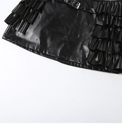 TALKLESSFASHION VOstudio cool personality PU leather lace-up multi-layer ruffle design skirt 2026 new hip-hugging skirt