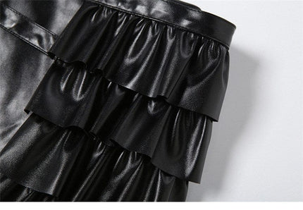 TALKLESSFASHION VOstudio cool personality PU leather lace-up multi-layer ruffle design skirt 2026 new hip-hugging skirt