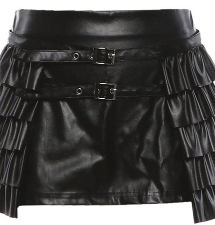 TALKLESSFASHION VOstudio cool personality PU leather lace-up multi-layer ruffle design skirt 2026 new hip-hugging skirt