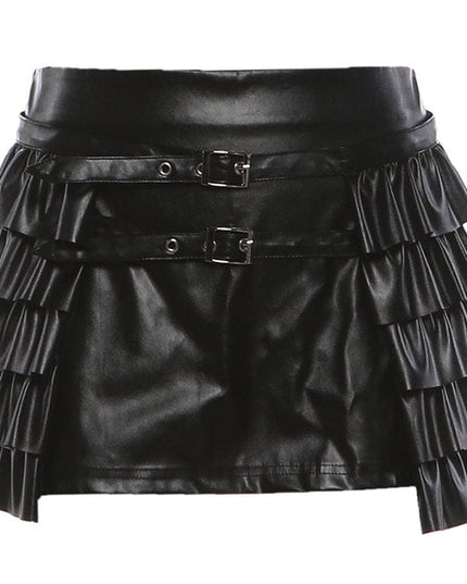 TALKLESSFASHION VOstudio cool personality PU leather lace-up multi-layer ruffle design skirt 2026 new hip-hugging skirt