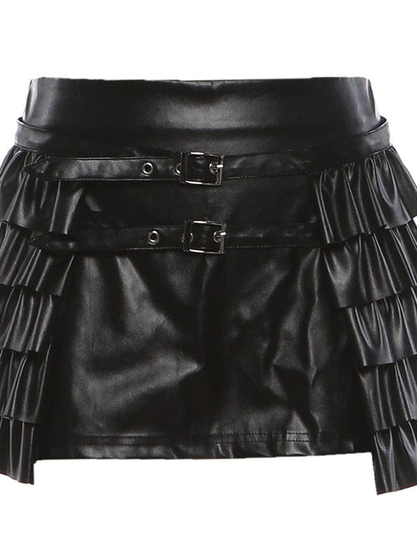 TALKLESSFASHION VOstudio cool personality PU leather lace-up multi-layer ruffle design skirt 2026 new hip-hugging skirt