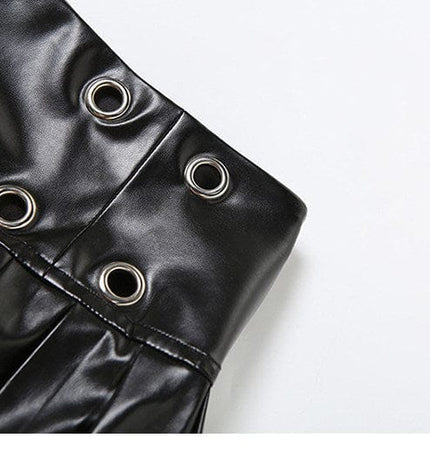 TALKLESSFASHION VOstudio cool punk high waist PU leather pleated skirt motorcycle hot girl asymmetrical corn design short skirt