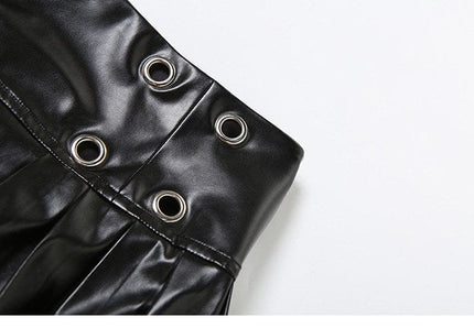 TALKLESSFASHION VOstudio cool punk high waist PU leather pleated skirt motorcycle hot girl asymmetrical corn design short skirt