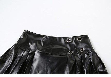 TALKLESSFASHION VOstudio cool punk high waist PU leather pleated skirt motorcycle hot girl asymmetrical corn design short skirt