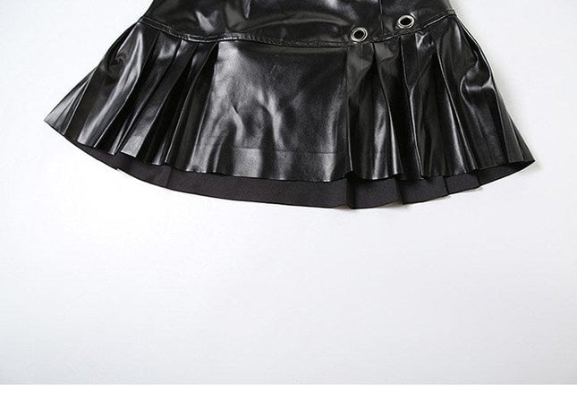 TALKLESSFASHION VOstudio cool punk high waist PU leather pleated skirt motorcycle hot girl asymmetrical corn design short skirt