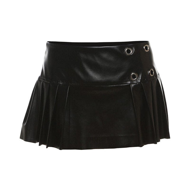 TALKLESSFASHION VOstudio cool punk high waist PU leather pleated skirt motorcycle hot girl asymmetrical corn design short skirt