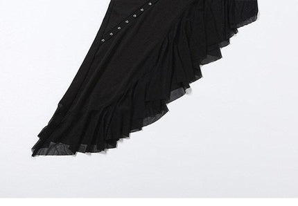 TALKLESSFASHION VOstudio Cool Sa Hot Girl Rivet Mesh Stitching Irregular Skirt Camisole Two Piece Set Woman