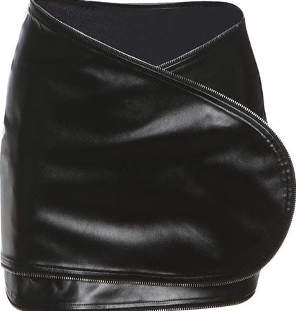 TALKLESSFASHION VOstudio cool zipper velcro one-piece design PU leather short skirt hot girl sexy hip-hugging skirt