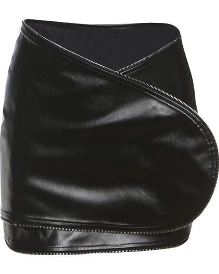 TALKLESSFASHION VOstudio cool zipper velcro one-piece design PU leather short skirt hot girl sexy hip-hugging skirt