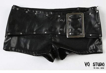 TALKLESSFASHION VOstudio dark punk style big belt Japanese button rivet shorts female hot girl low-waisted PU leather hot pants light Asia
