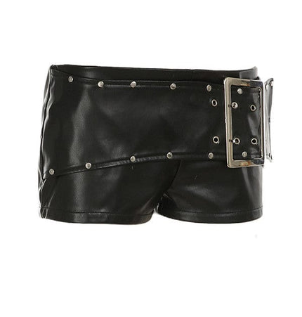 TALKLESSFASHION VOstudio dark punk style big belt Japanese button rivet shorts female hot girl low-waisted PU leather hot pants light Asia