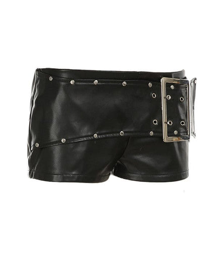TALKLESSFASHION VOstudio dark punk style big belt Japanese button rivet shorts female hot girl low-waisted PU leather hot pants light Asia