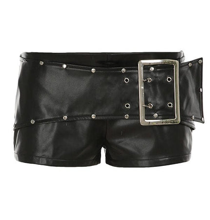 TALKLESSFASHION VOstudio dark punk style big belt Japanese button rivet shorts female hot girl low-waisted PU leather hot pants light Asia
