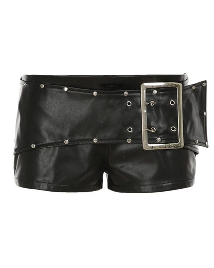 TALKLESSFASHION VOstudio dark punk style big belt Japanese button rivet shorts female hot girl low-waisted PU leather hot pants light Asia