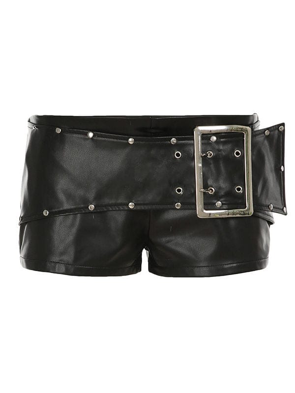 Japanese Button Rivet Big Belt Leather Shorts