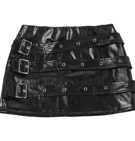 TALKLESSFASHION VOstudio Punk style hot girl PU leather skirt female subculture multi-belt design hip skirt