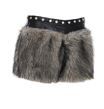 TALKLESSFASHION VOstudio retro heavy industry imitation fur PU leather splicing design sense fur pants hot girl low-rise shorts women's autumn and winter
