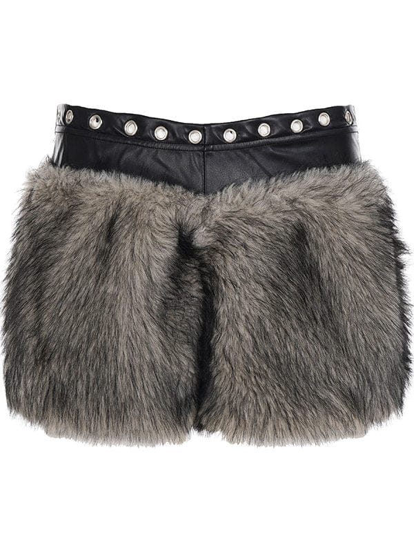 Retro Heavy Industry Spliced Fur-Leather Shorts