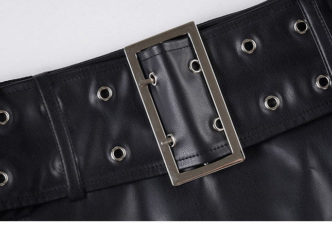 TALKLESSFASHION VOstudio Subculture Punk Personality Corn Strap Spliced Short Skirt Sexy Spice Girl Rivet PU Leather Skirt