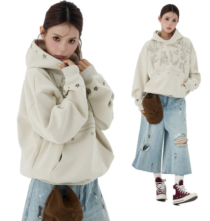 TALKLESSFASHION W600 American Retro Men's and Women's High-End Trend Star Embroidered Hollow Design Men's Loose Hooded Sweatshirt