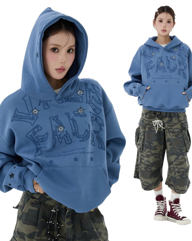 TALKLESSFASHION W600 American Retro Men's and Women's High-End Trend Star Embroidered Hollow Design Men's Loose Hooded Sweatshirt