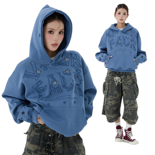 THETLSTUDIO W600 American Retro Men's and Women's High-End Trend Star Embroidered Hollow Design Men's Loose Hooded Sweatshirt