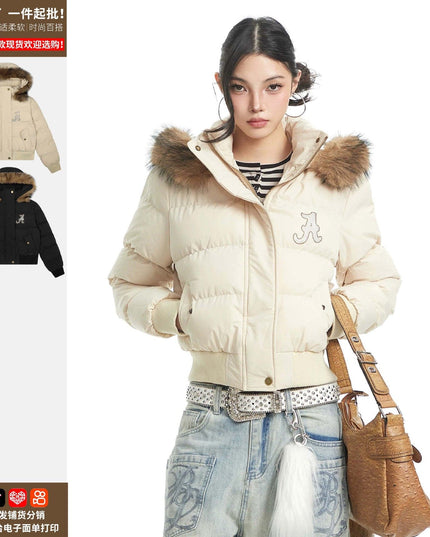 TALKLESSFASHION Warm detachable fur collar hooded cotton jacket women's winter American retro casual thickened bread clothes manufacturer straight hair