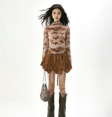 TALKLESSFASHION Wasteland style retro irregular ruffle skirt women's spring and summer design sense small man streamer pleated skirt