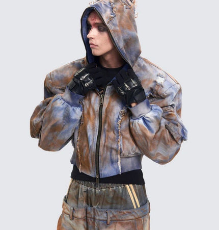 TALKLESSFASHION Wasteland style short hooded denim jacket men make old mud dye fake two pieces of broken structure raw edge jeans