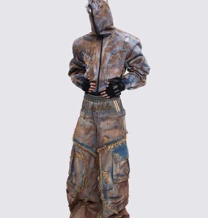 TALKLESSFASHION Wasteland style short hooded denim jacket men make old mud dye fake two pieces of broken structure raw edge jeans