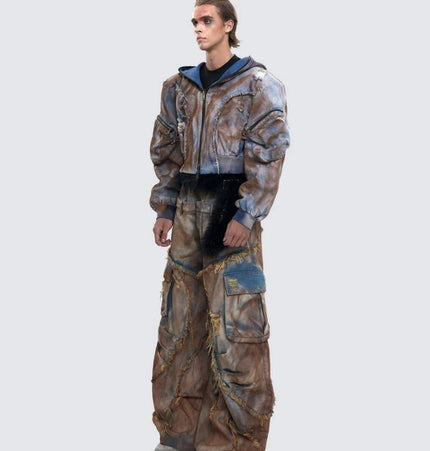 TALKLESSFASHION Wasteland style short hooded denim jacket men make old mud dye fake two pieces of broken structure raw edge jeans