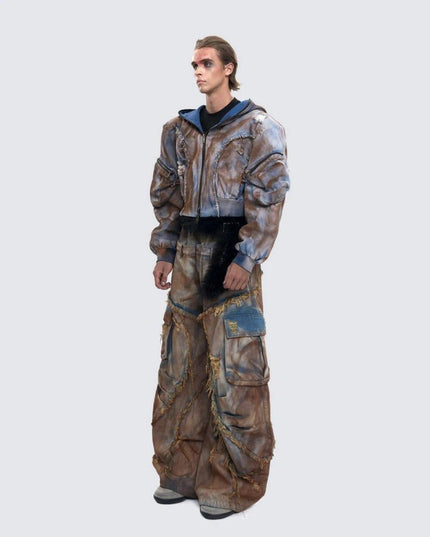 TALKLESSFASHION Wasteland style short hooded denim jacket men make old mud dye fake two pieces of broken structure raw edge jeans