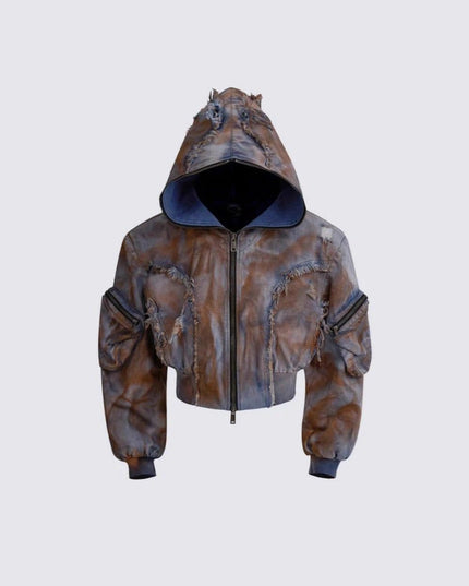 TALKLESSFASHION Wasteland style short hooded denim jacket men make old mud dye fake two pieces of broken structure raw edge jeans