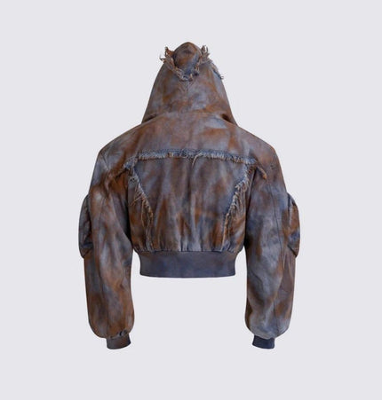TALKLESSFASHION Wasteland style short hooded denim jacket men make old mud dye fake two pieces of broken structure raw edge jeans