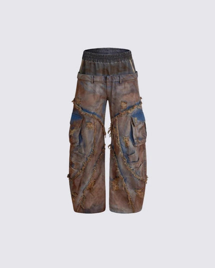 TALKLESSFASHION Wasteland style short hooded denim jacket men make old mud dye fake two pieces of broken structure raw edge jeans