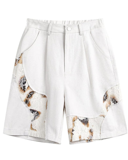 TALKLESSFASHION White / L Denim Lace Patchwork Short—-4091