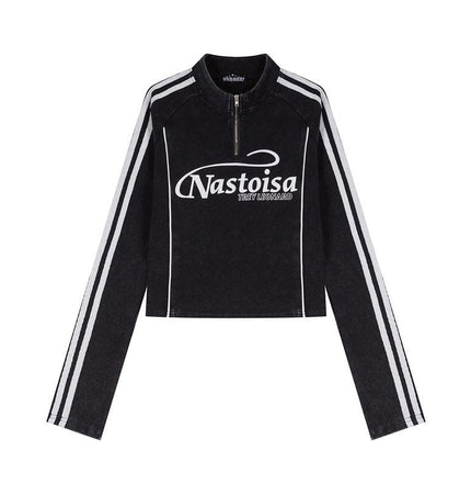 TALKLESSFASHION XL / black XPKAEAX American Spice Girl Monogram Print Half Zip High Neck Long Sleeve T-Shirt Women's Fall Slim Crop Top