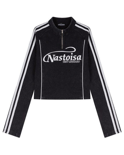 TALKLESSFASHION XL / black XPKAEAX American Spice Girl Monogram Print Half Zip High Neck Long Sleeve T-Shirt Women's Fall Slim Crop Top
