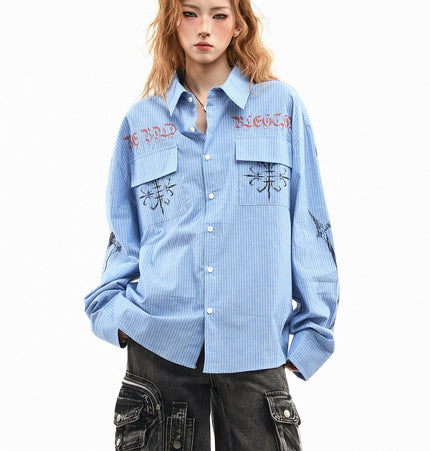 TALKLESSFASHION XL / blue OV original American letter mottled graffiti long sleeve shirt women's spring loose vertical stripe trendy brand couple top men