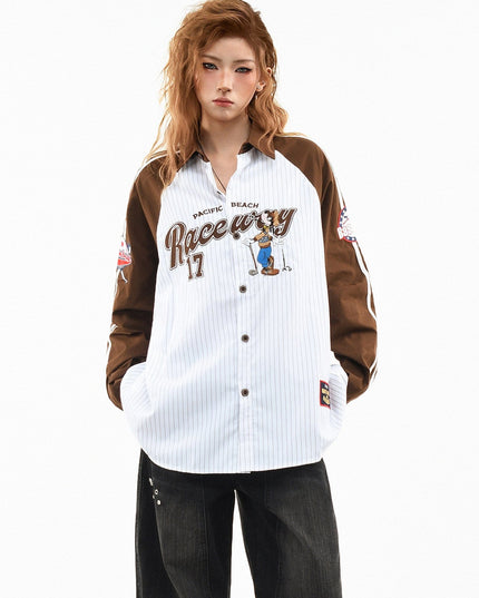 TALKLESSFASHION XL / Coffee color OV original American stripe contrast patchwork couple long sleeve shirt women's spring preppy style loose lapel shirt men