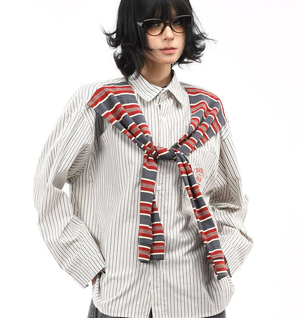TALKLESSFASHION XL / gray OV original American vintage striped shawl design long sleeve shirt men's and women's autumn street loose casual shirt trend