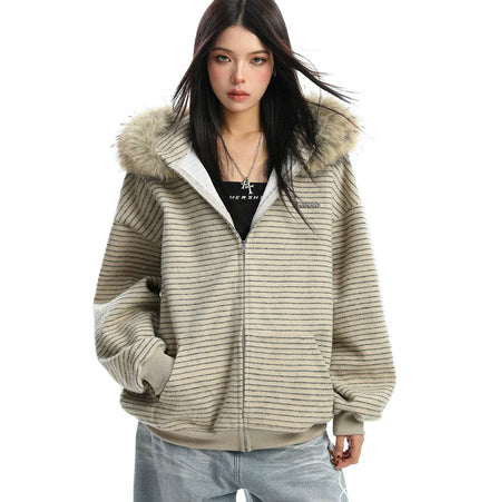 TALKLESSFASHION XL / Khaki plus velvet Striped Detachable Fur Hood Jacket