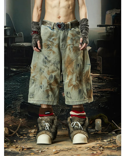 TALKLESSFASHION XL / Waste soil color Wasteland Niche Layered Cropped Jeans