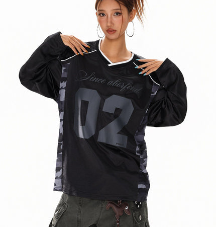 TALKLESSFASHION XPKAEAX American High Street Digital Print V-Neck Long Sleeve T-Shirt Men's and Women's Fall 2025 Jersey Sporty Top