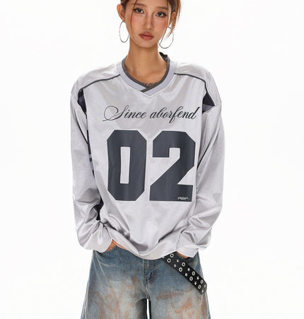 TALKLESSFASHION XPKAEAX American High Street Digital Print V-Neck Long Sleeve T-Shirt Men's and Women's Fall 2025 Jersey Sporty Top