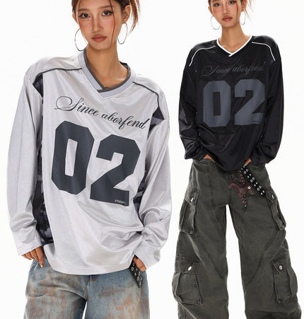 TALKLESSFASHION XPKAEAX American High Street Digital Print V-Neck Long Sleeve T-Shirt Men's and Women's Fall 2025 Jersey Sporty Top